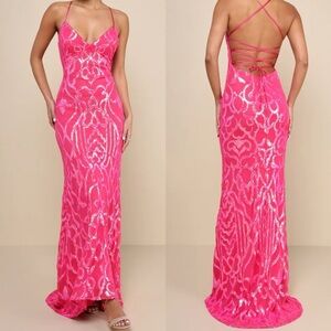 Perfect Enchantment Hot Pink Sequin Lace-Up Mermaid Maxi Dress